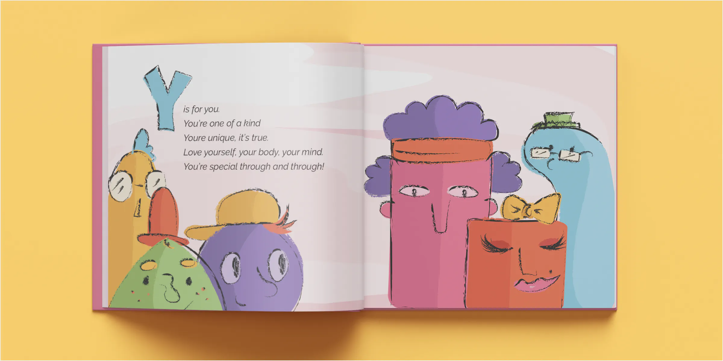 Mockup of you spread in a book. 6 bizarre characters of different shapes, sizes, and colors group together happily.