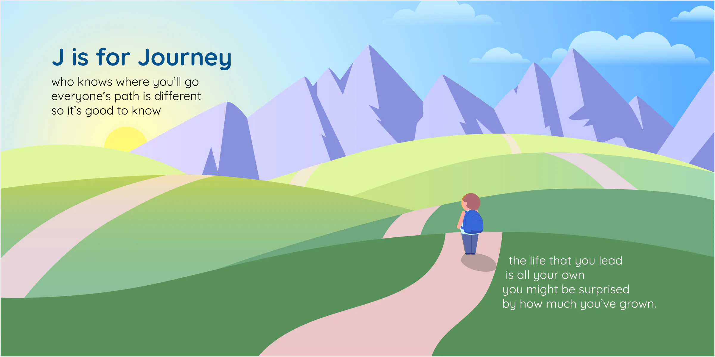A young boy looks ahead at Landscape with many paths