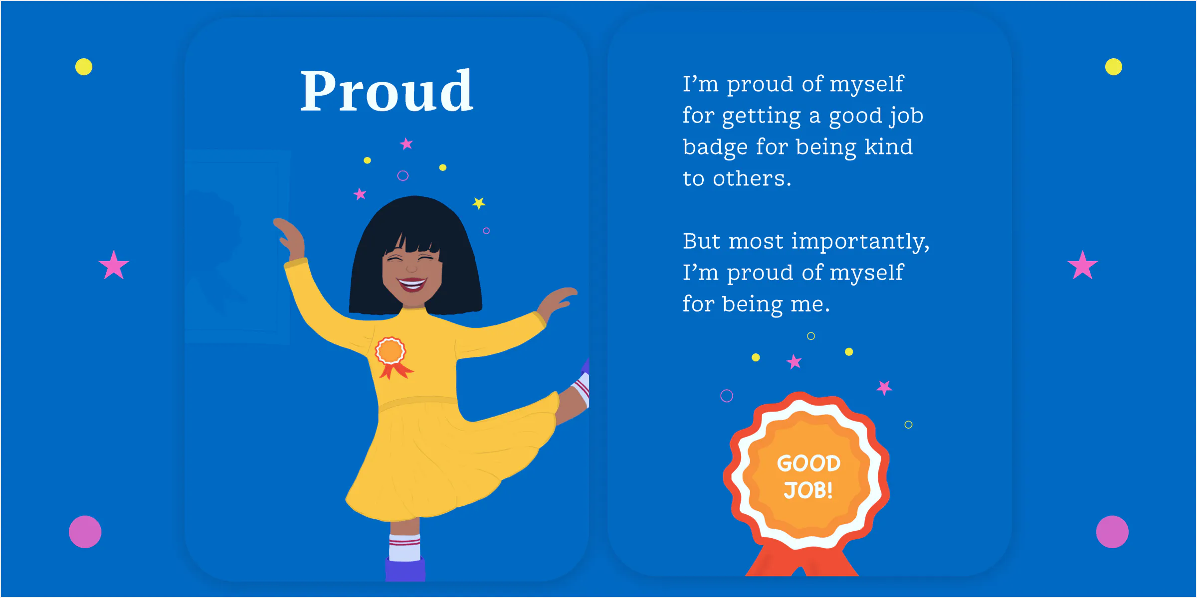 Front and back cards of the proud emotion cards. Little girl in yellow dress dancing ballet with a smile on her face