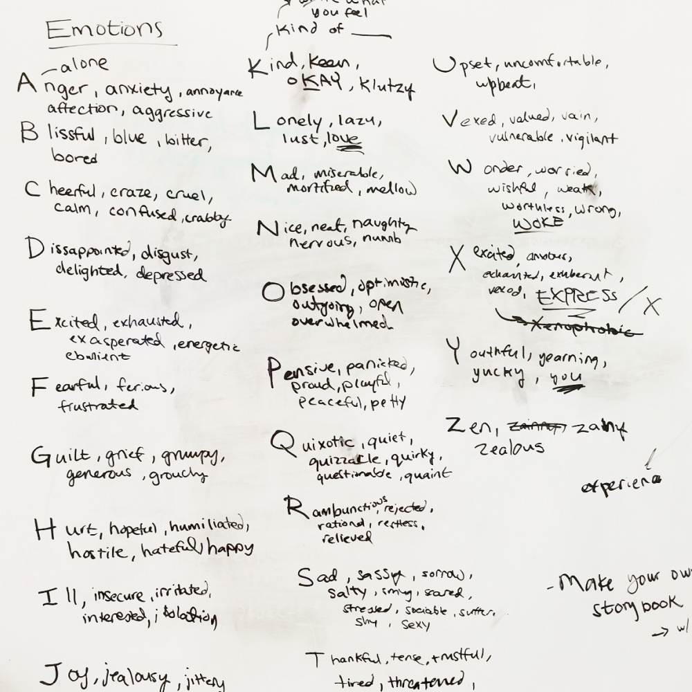 White board with list of emotions alphabetically